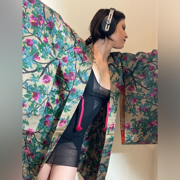 Floral gauze semi transparent sha silk vintage kimono Haori coat robe usomono - Picture 6 of 10